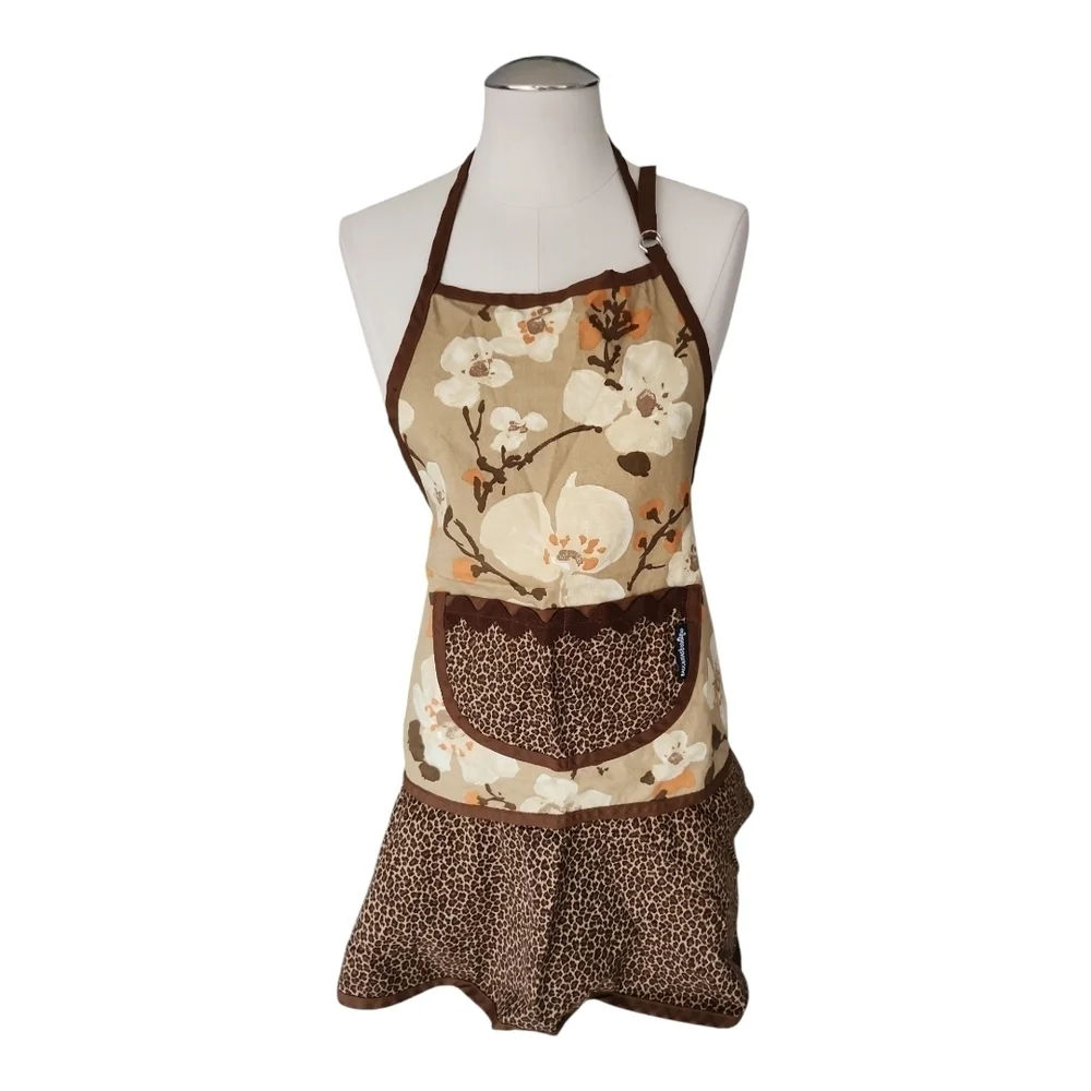 Bagolitas Floral Apron with Brown Accents Ruffle Neutral Cooking Kitchen